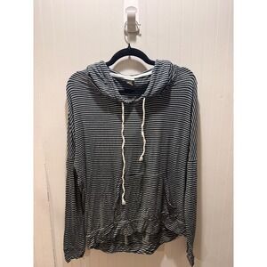 Vanity Womens‎ Striped Hoodie Black White Knit Long Sleeve Drawstring Top Size M